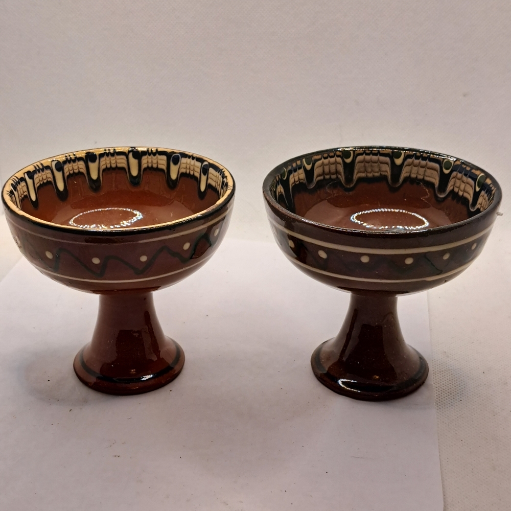 2 Redware Pottery Pedestal Bowl Compote Hand Painted Boho